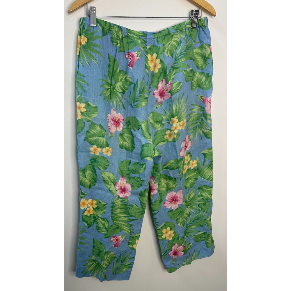 Shegos 100% Linen Pull On Crop Pants Tropical Hibiscus Floral Blue Pink Size 2 - Picture 9 of 10